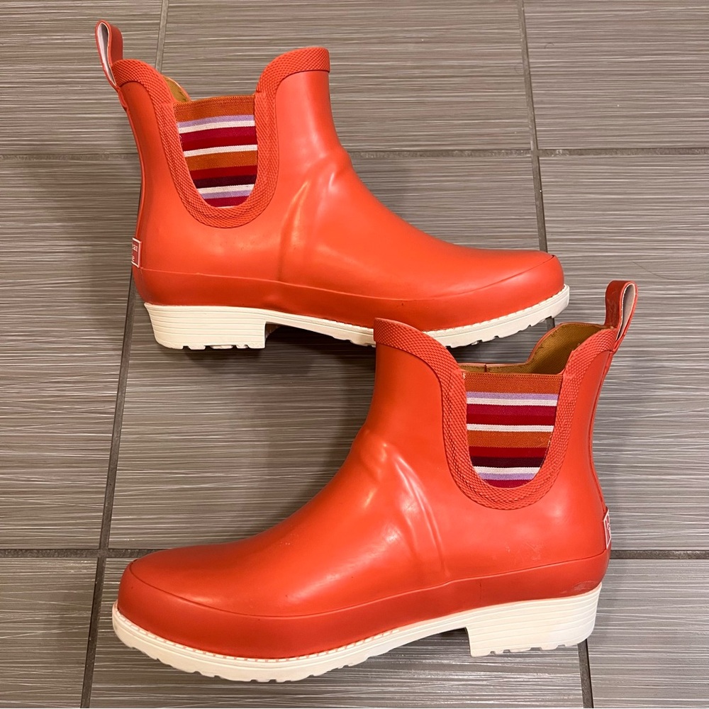 L.L. Bean Women's Red Short Rain Boots with Striped Elastic Panels